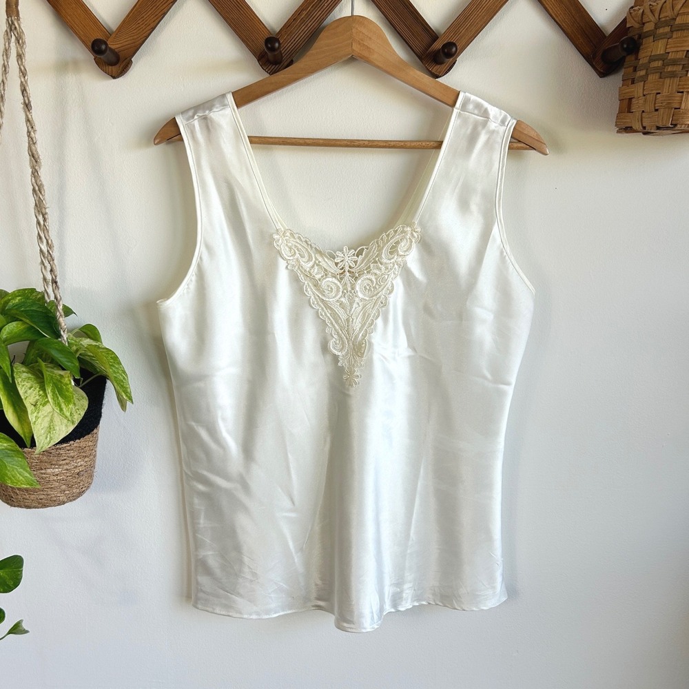 Escapades Vintage Ivory Satin Lace V-Neck Camisole Tank Top USA Made Medium